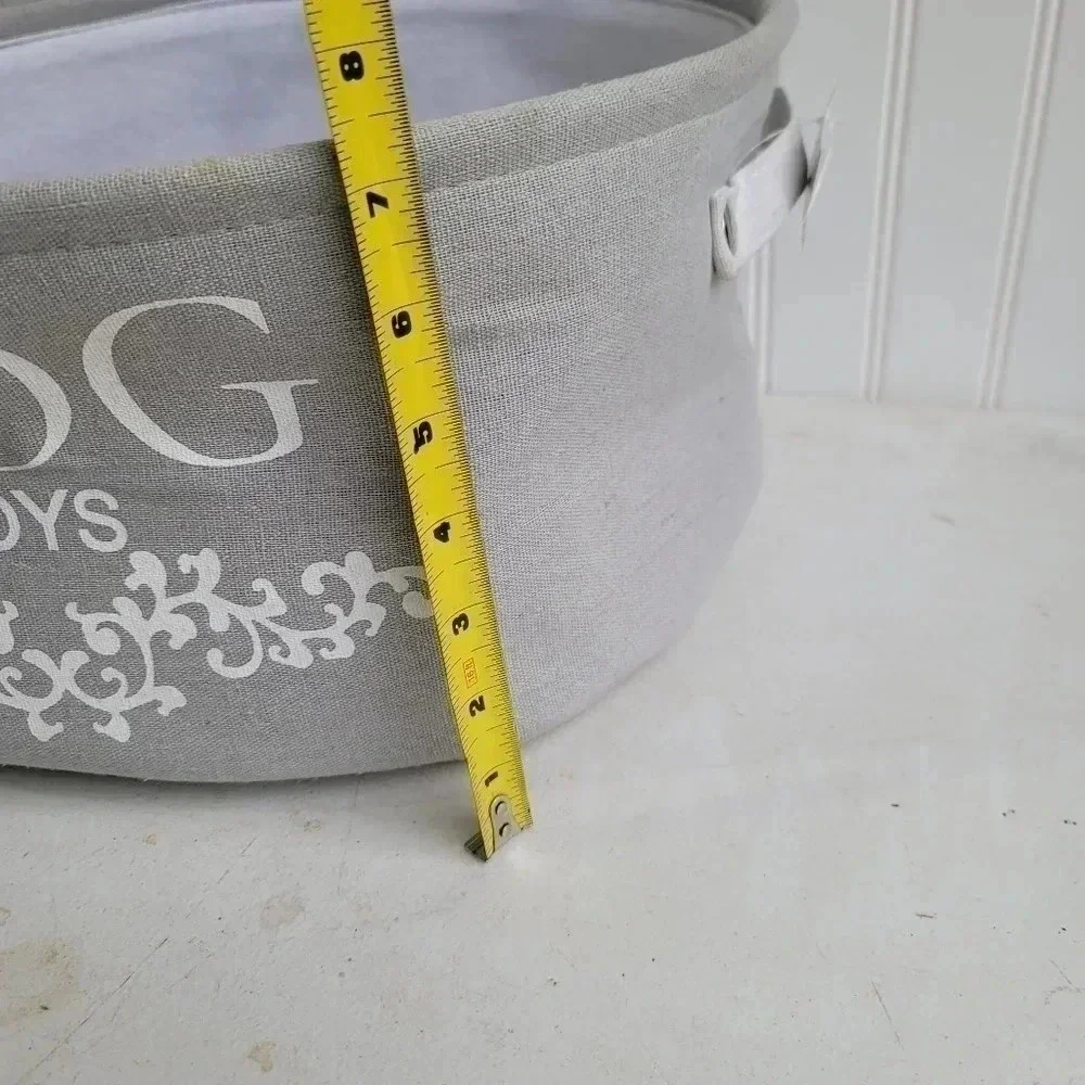 Dog Toys Oval Gray Canvas w/Handles Storage Basket Organizer Bin Box 7.5x15x12